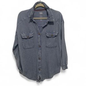 So Dusty Blue Thermal Waffle Knit Oversized Long Sleeve Button Down Shirt XL